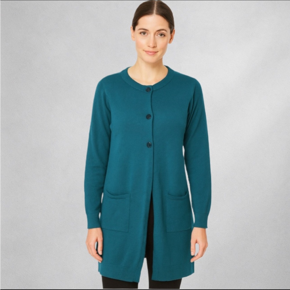 J. Jill Teal Wool Blend Longline Cardigan Sweater Petite S 3-Button